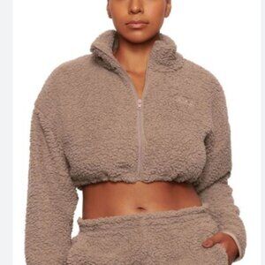SKIMS Teddy High Pile Fleece Crop Zip Jacket Tan/Brown Desert Size M